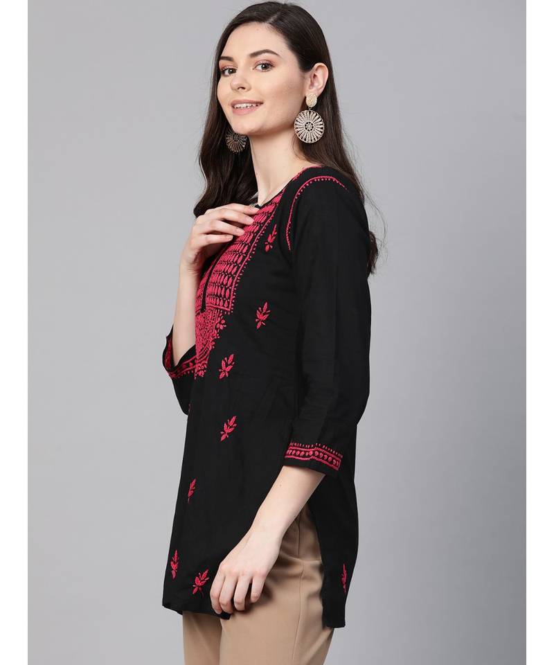 Hand Embroidered Black & Magenta Cotton Chikankari Quarter Sleeve Stitched Women Short Kurti