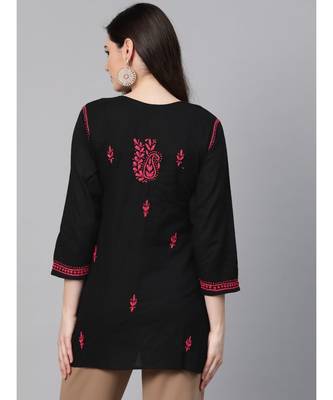 Hand Embroidered Black & Magenta Cotton Chikankari Quarter Sleeve Stitched Women Short Kurti 3