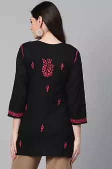 Hand Embroidered Black & Magenta Cotton Chikankari Quarter Sleeve Stitched Women Short Kurti