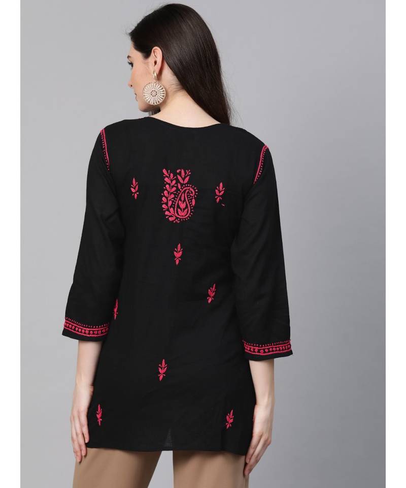 Hand Embroidered Black & Magenta Cotton Chikankari Quarter Sleeve Stitched Women Short Kurti