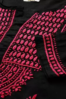 Hand Embroidered Black & Magenta Cotton Chikankari Quarter Sleeve Stitched Women Short Kurti