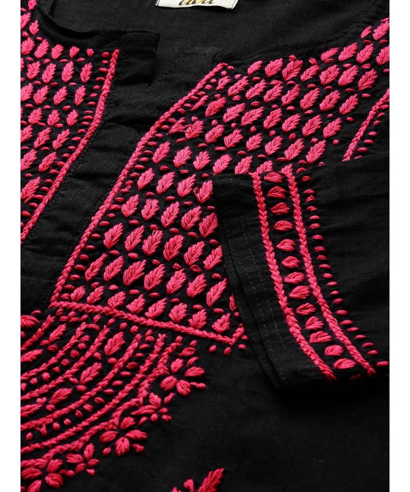 Hand Embroidered Black & Magenta Cotton Chikankari Quarter Sleeve Stitched Women Short Kurti