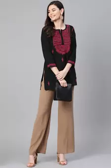Hand Embroidered Black & Magenta Cotton Chikankari Quarter Sleeve Stitched Women Short Kurti