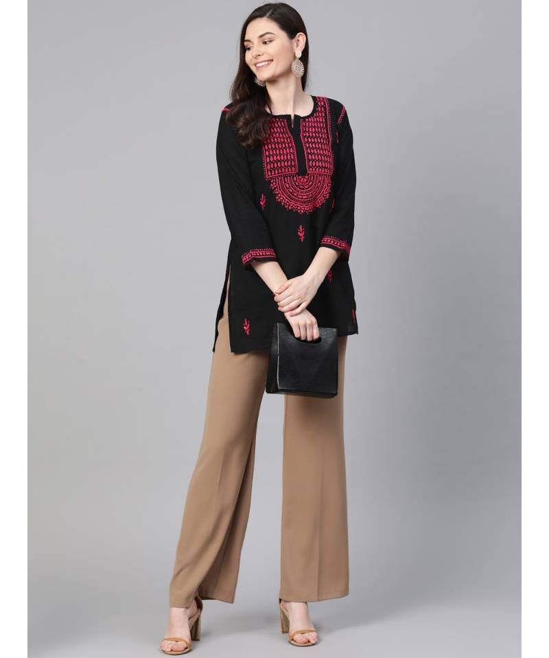 Hand Embroidered Black & Magenta Cotton Chikankari Quarter Sleeve Stitched Women Short Kurti