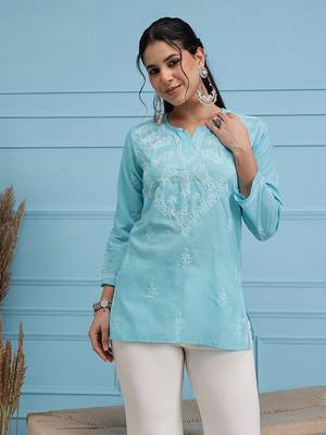 Cotton Blue Embroidered Chikankari Quarter Sleeve Stitched Women Short Kurti 1