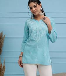 Cotton Blue Embroidered Chikankari Quarter Sleeve Stitched Women Short Kurti