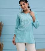 Cotton Blue Embroidered Chikankari Quarter Sleeve Stitched Women Short Kurti