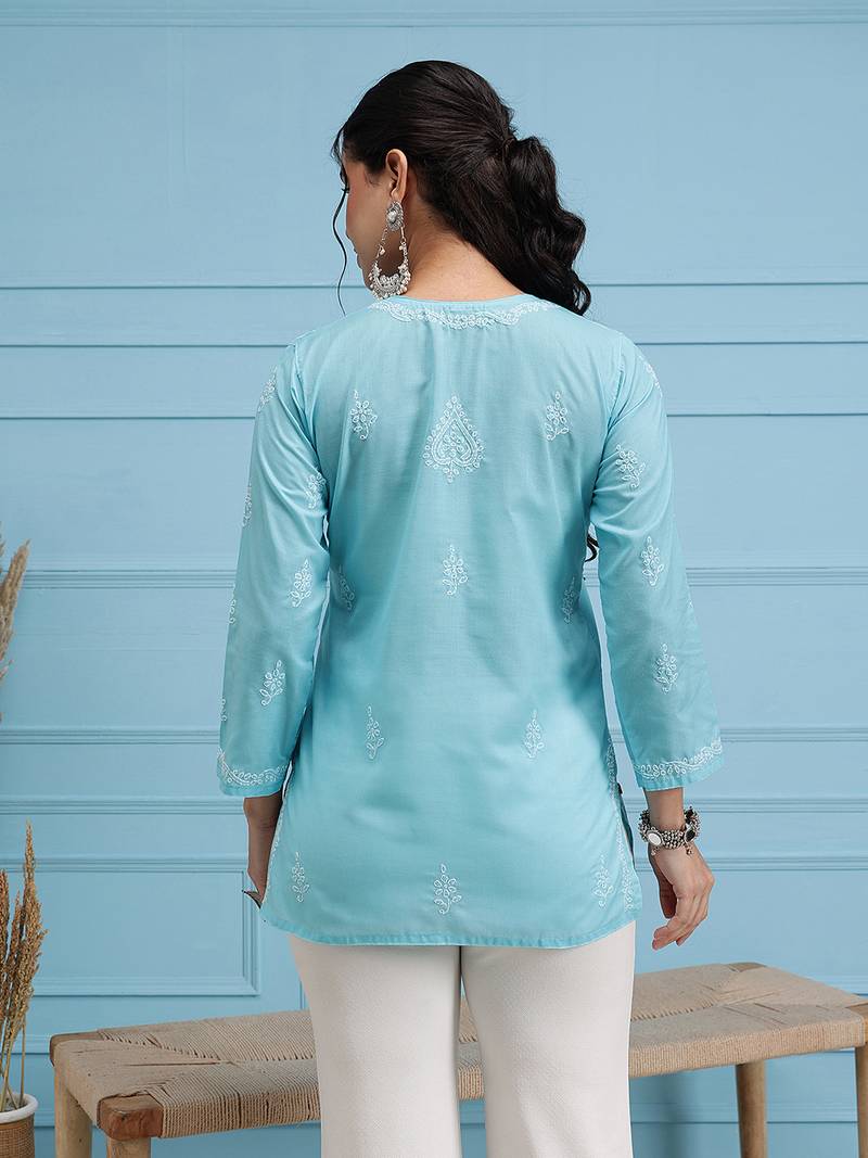Cotton Blue Embroidered Chikankari Quarter Sleeve Stitched Women Short Kurti