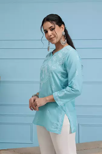 Cotton Blue Embroidered Chikankari Quarter Sleeve Stitched Women Short Kurti
