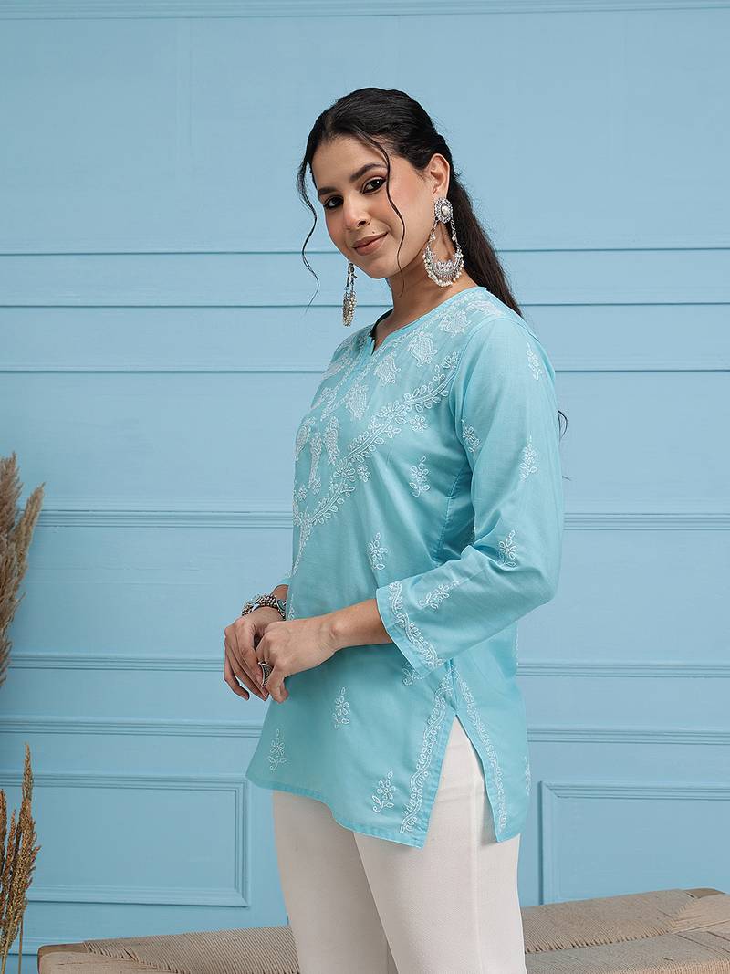 Cotton Blue Embroidered Chikankari Quarter Sleeve Stitched Women Short Kurti