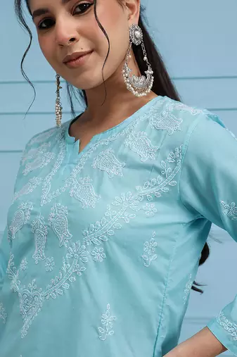 Cotton Blue Embroidered Chikankari Quarter Sleeve Stitched Women Short Kurti
