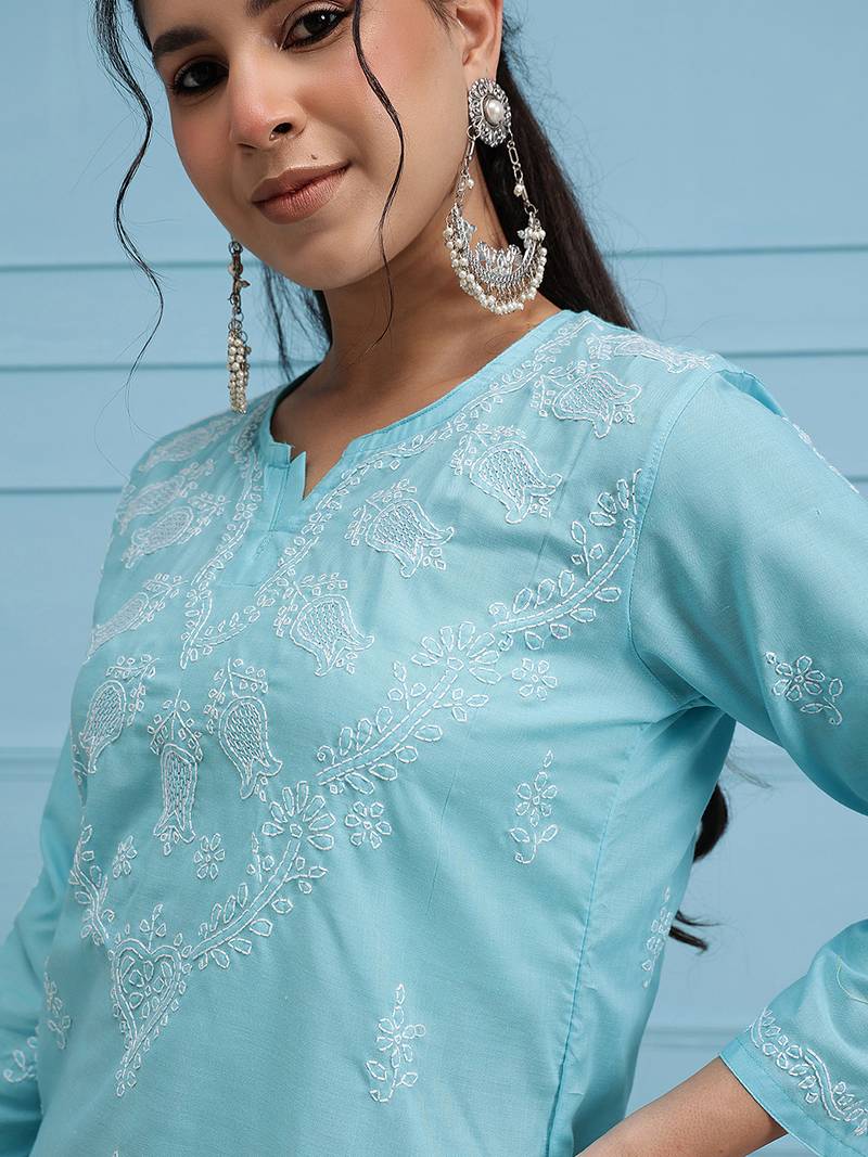 Cotton Blue Embroidered Chikankari Quarter Sleeve Stitched Women Short Kurti