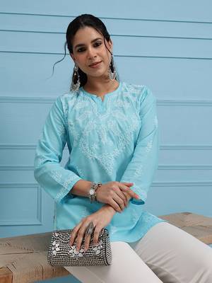 Cotton Blue Embroidered Chikankari Quarter Sleeve Stitched Women Short Kurti 5
