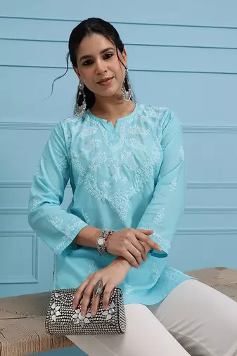 Cotton Blue Embroidered Chikankari Quarter Sleeve Stitched Women Short Kurti