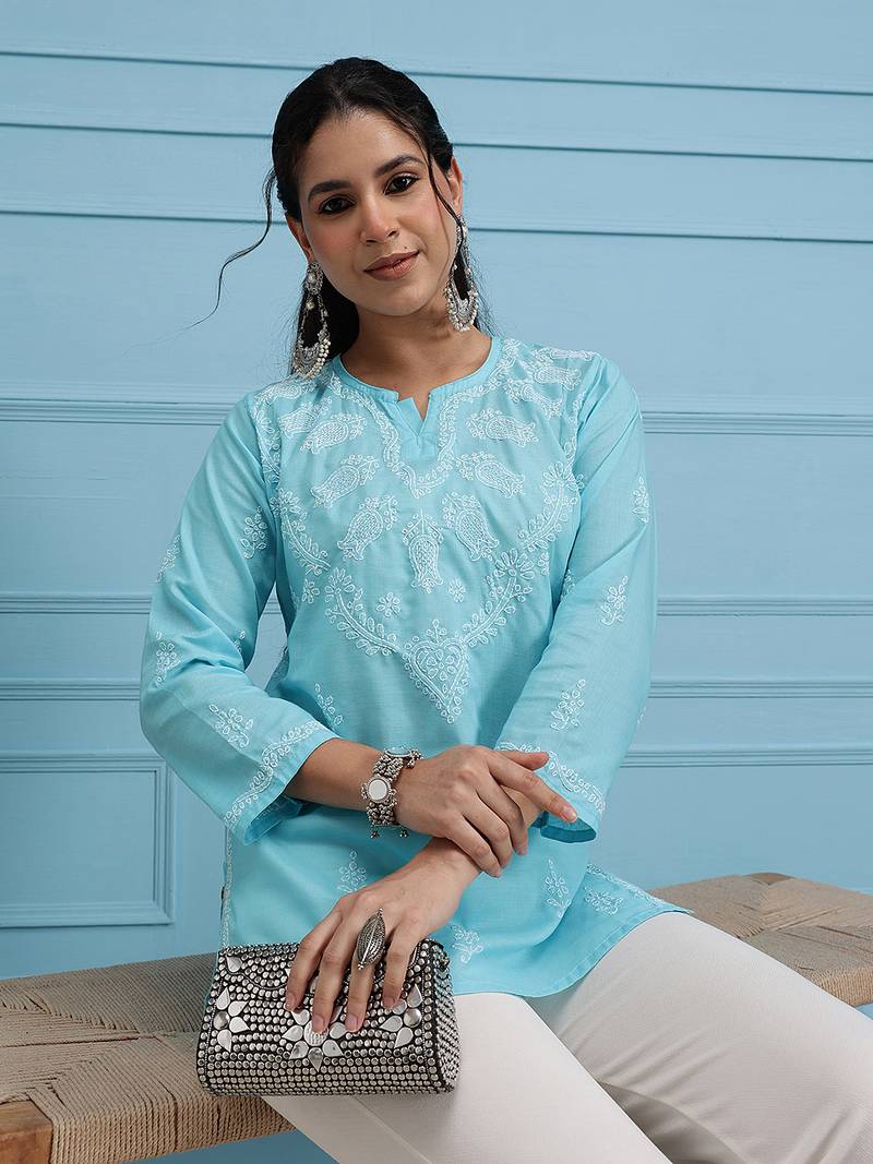 Cotton Blue Embroidered Chikankari Quarter Sleeve Stitched Women Short Kurti