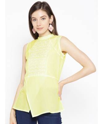 Ada Cotton lemon embroidered chikankari sleeveless stitched Women short Kurti - A100075 1