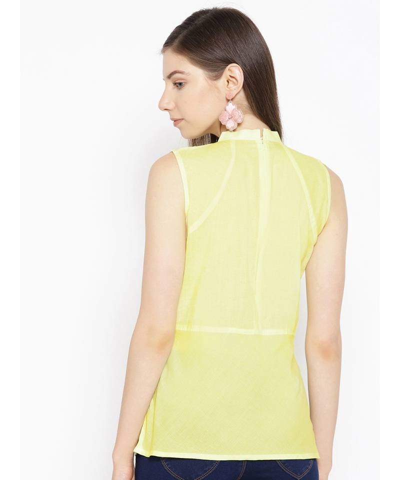 Ada Cotton lemon embroidered chikankari sleeveless stitched Women short Kurti - A100075