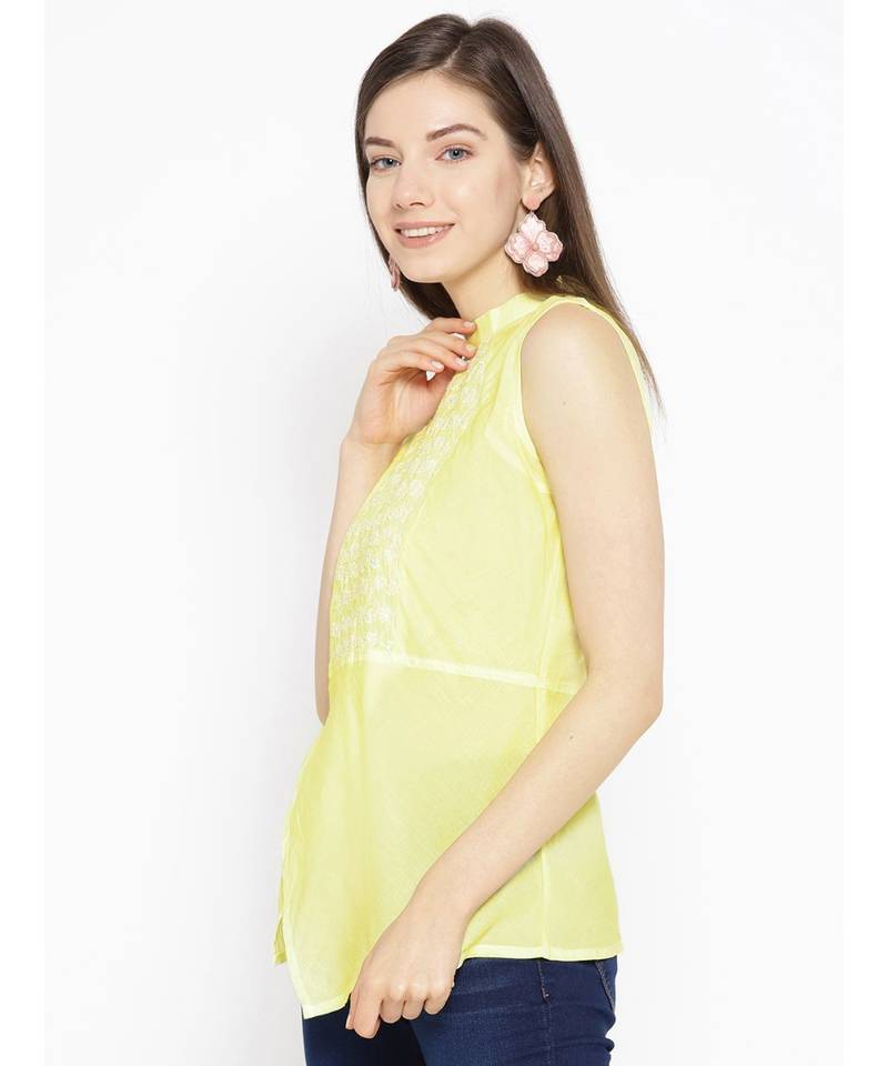 Ada Cotton lemon embroidered chikankari sleeveless stitched Women short Kurti - A100075