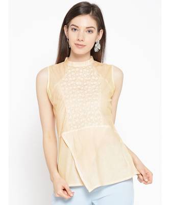 Ada Cotton cream embroidered chikankari sleeveless stitched Women short Kurti - A100076 1