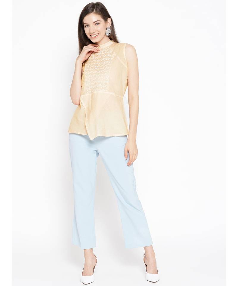 Ada Cotton cream embroidered chikankari sleeveless stitched Women short Kurti - A100076