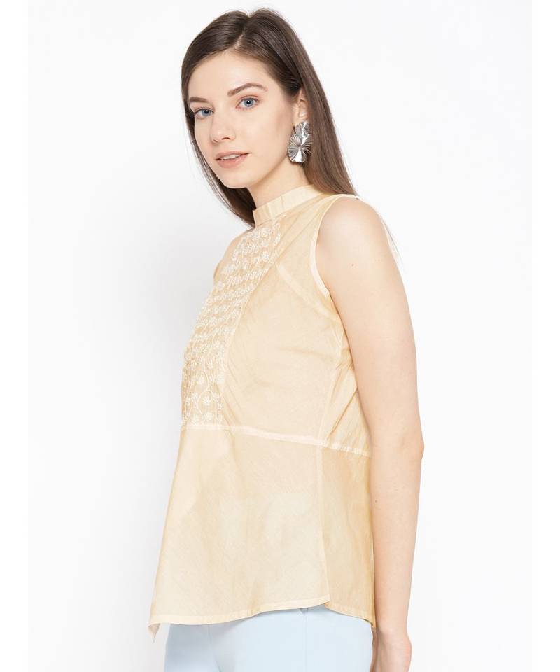 Ada Cotton cream embroidered chikankari sleeveless stitched Women short Kurti - A100076