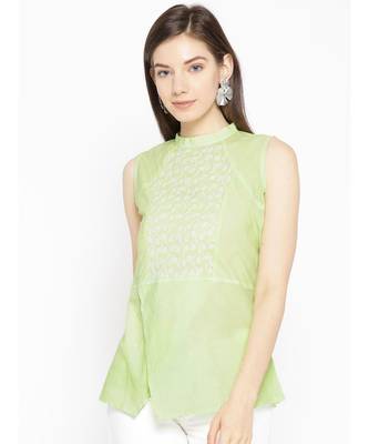 Cotton green embroidered chikankari sleeveless stitched   short kurti 1