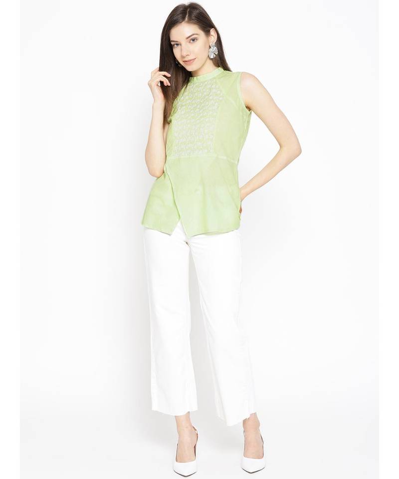 Cotton green embroidered chikankari sleeveless stitched   short kurti