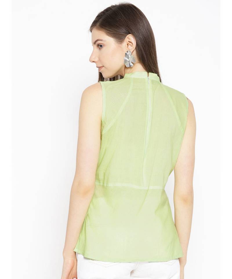 Cotton green embroidered chikankari sleeveless stitched   short kurti