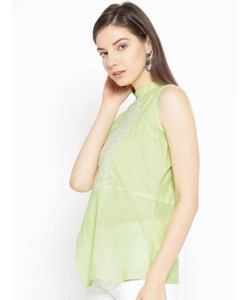 Cotton green embroidered chikankari sleeveless stitched   short kurti