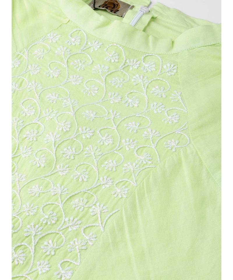 Cotton green embroidered chikankari sleeveless stitched   short kurti