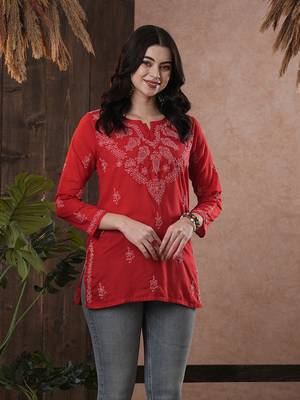 Cotton Red Embroidered Chikankari Quarter Sleeve Stitched   Short Kurti 1