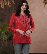Cotton Red Embroidered Chikankari Quarter Sleeve Stitched   Short Kurti