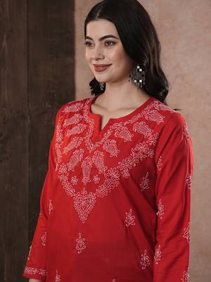 Cotton Red Embroidered Chikankari Quarter Sleeve Stitched   Short Kurti 2