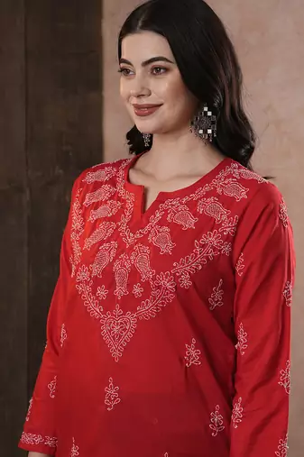 Cotton Red Embroidered Chikankari Quarter Sleeve Stitched   Short Kurti