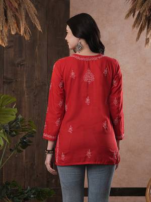 Cotton Red Embroidered Chikankari Quarter Sleeve Stitched   Short Kurti 3