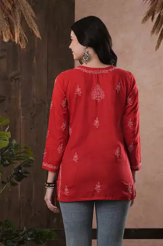 Cotton Red Embroidered Chikankari Quarter Sleeve Stitched   Short Kurti