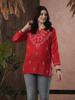 Cotton Red Embroidered Chikankari Quarter Sleeve Stitched   Short Kurti 4