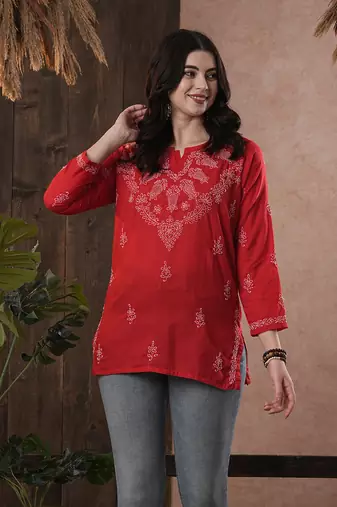 Cotton Red Embroidered Chikankari Quarter Sleeve Stitched   Short Kurti