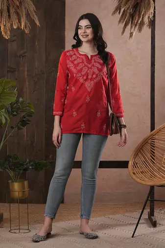 Cotton Red Embroidered Chikankari Quarter Sleeve Stitched   Short Kurti