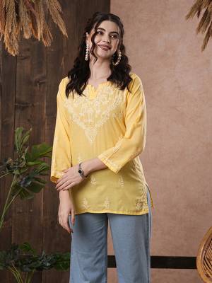 Cotton Yellow Embroidered Chikankari Quarter Sleeve Stitched Women Short Kurti 1
