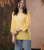 Cotton Yellow Embroidered Chikankari Quarter Sleeve Stitched Women Short Kurti