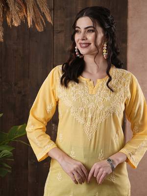 Cotton Yellow Embroidered Chikankari Quarter Sleeve Stitched Women Short Kurti 2