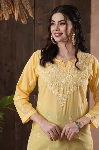 Cotton Yellow Embroidered Chikankari Quarter Sleeve Stitched Women Short Kurti