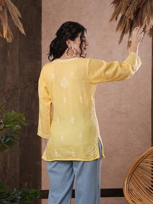 Cotton Yellow Embroidered Chikankari Quarter Sleeve Stitched Women Short Kurti 3