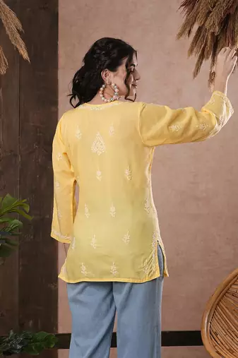 Cotton Yellow Embroidered Chikankari Quarter Sleeve Stitched Women Short Kurti