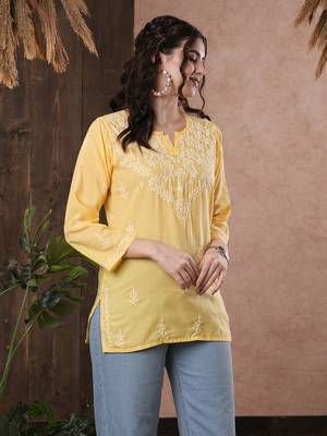Cotton Yellow Embroidered Chikankari Quarter Sleeve Stitched Women Short Kurti 4