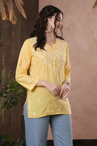Cotton Yellow Embroidered Chikankari Quarter Sleeve Stitched Women Short Kurti