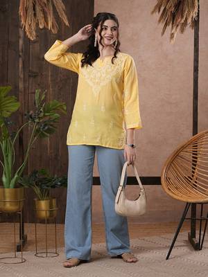 Cotton Yellow Embroidered Chikankari Quarter Sleeve Stitched Women Short Kurti 5