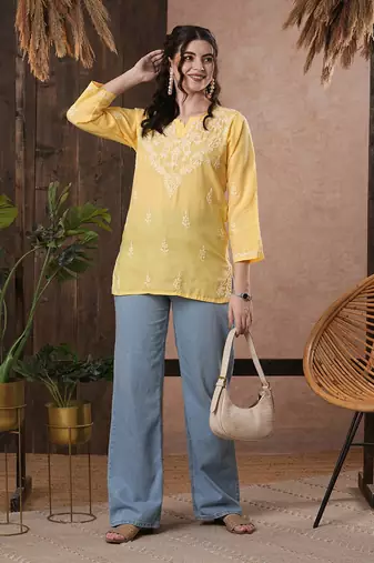 Cotton Yellow Embroidered Chikankari Quarter Sleeve Stitched Women Short Kurti