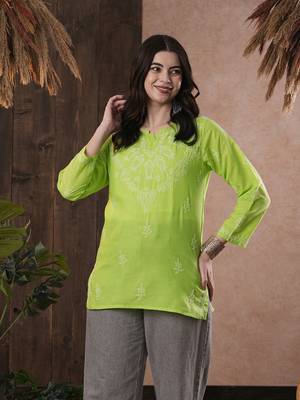 Hand Embroidered Green Cotton Chikankari Quarter Sleeve Stitched Women Short Kurti 1